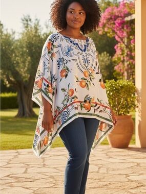Chico's White Tunic Caftan top with Orange & Green Citrus Print One size